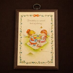 Vintage Joan Walsh Anglund Hallmark Wood Plaque Friendship Picnic Art 7x5